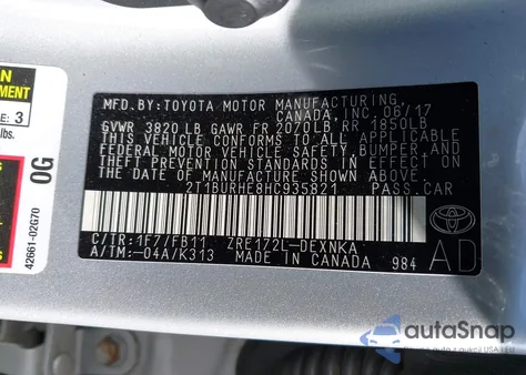 2017 Toyota Corolla Le z USA, uszkodzony, nr VIN 2T1BURHE8HC935821